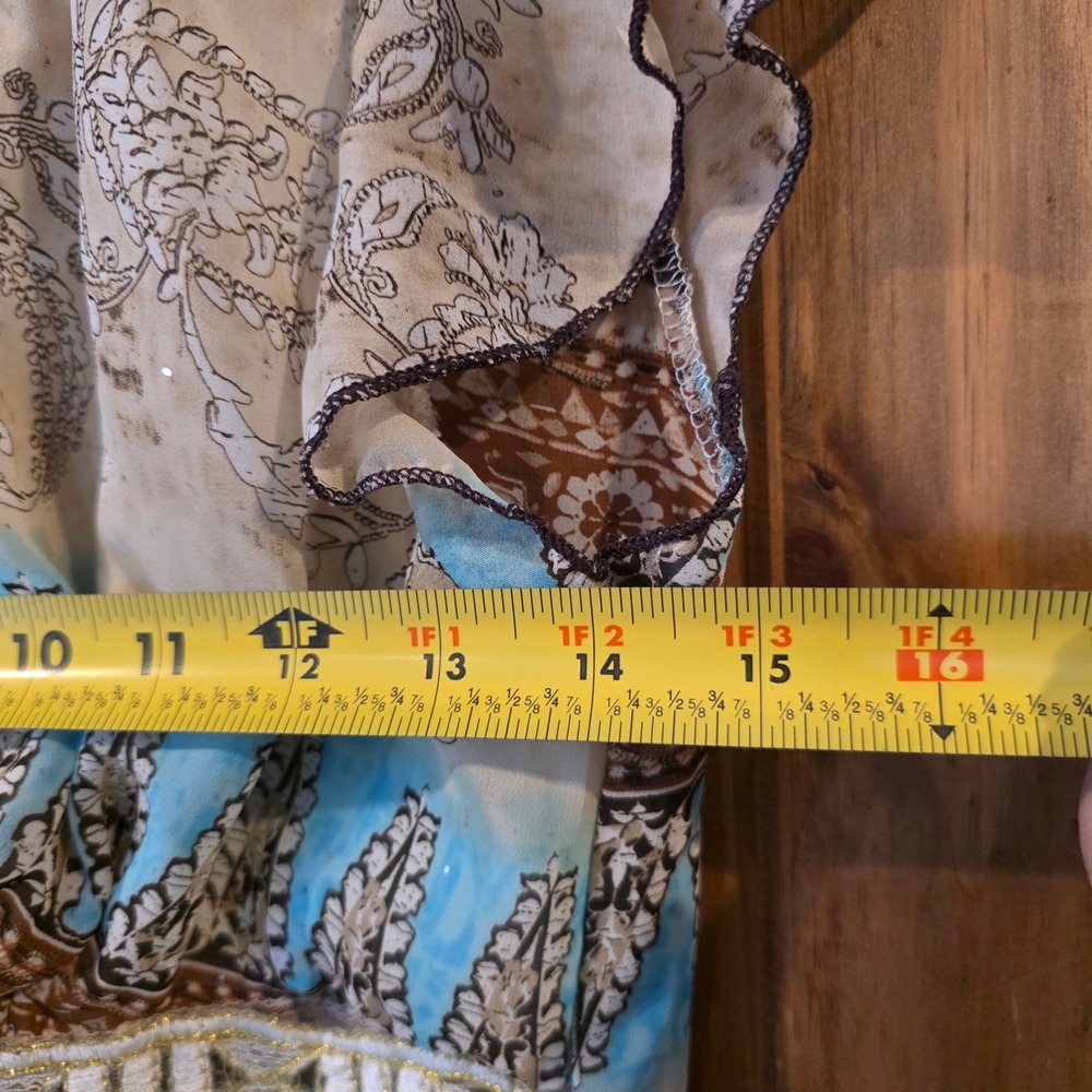 Rave Blouse Womens Small Brown Blue Excellent Paisley Empire Waist Sheer‎ Top - Picture 3 of 5